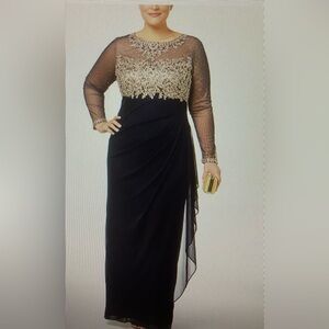 Plus Size Embroidered Illusion Gown Navy with gold sequins